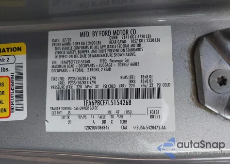 2020 Ford Mustang Gt Fastback z USA, uszkodzony, nr VIN 1FA6P8CF7L5154268